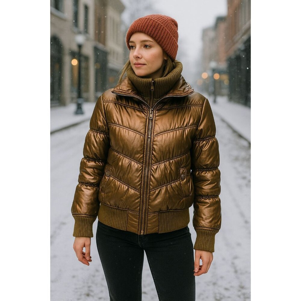 Rose Wish Metallic Bronze Puffer Jacket M Women Zip Front Winter Coat Y2K Style